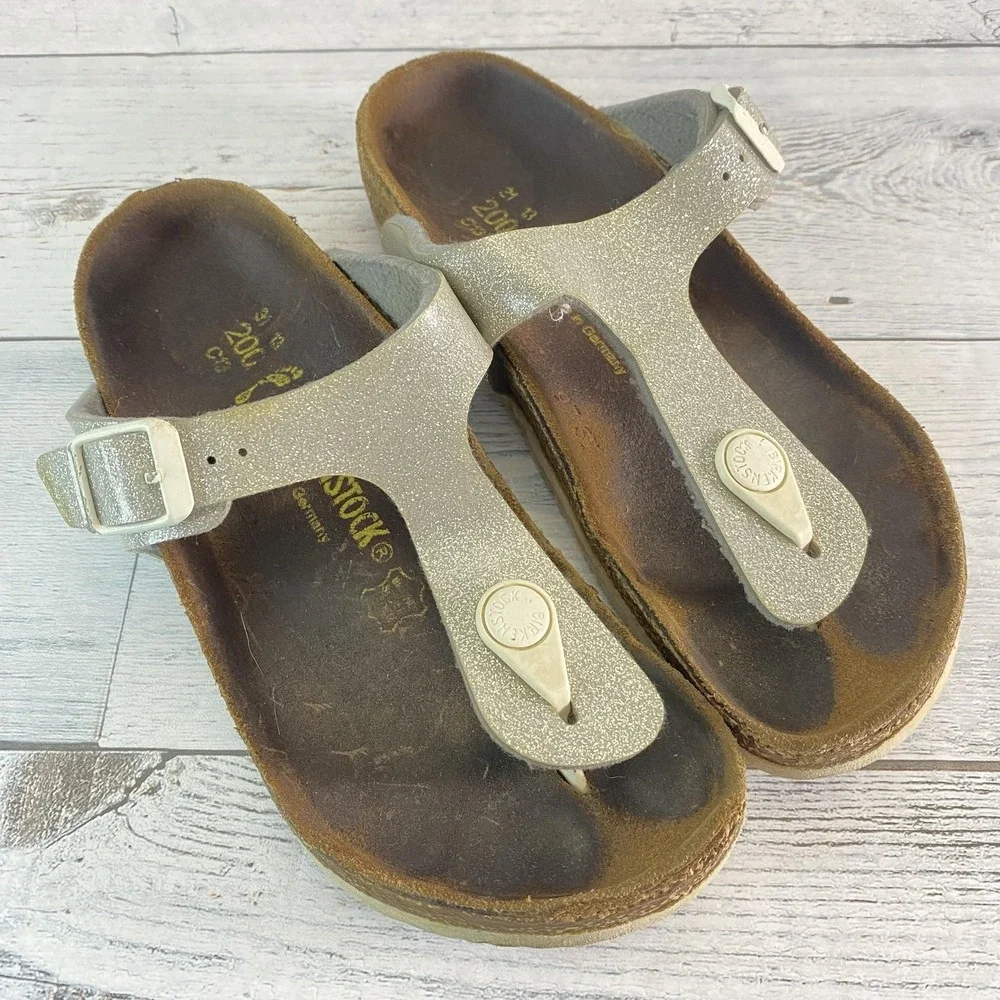 Birkenstock Sandals Girls 13 Silver Gizeh Glitter Thong Flip Flop Buckle Strappy